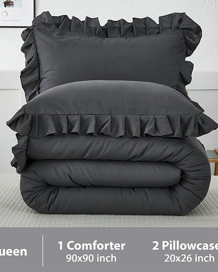 Andency Queen Comforter Set Dark Gray, 3 Pieces Boho Lightweight Summer Solid Bedding Comforters & Sets, Double Women Men Grey Ruffle Farmhouse Bed Set (90x90In Comforter & 2 Pillowcases) - LeafyLoom