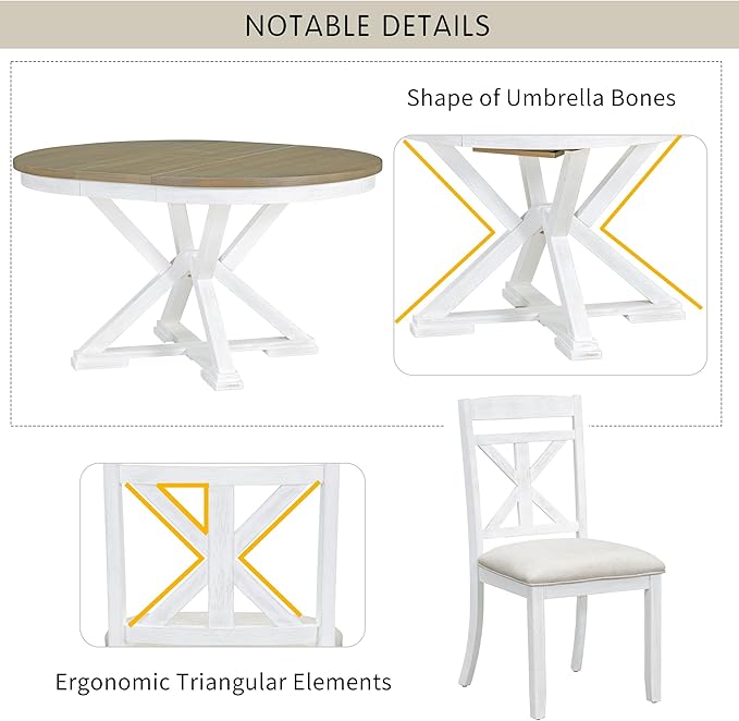 NicBex Dining Table for 4 Kitchen Table and Chairs 5-Piece Retro Functional Dining Table Set Extendable Round Table and 4 Upholstered Chairs for Dining Room and Living Room, Brown + Antique White - LeafyLoom