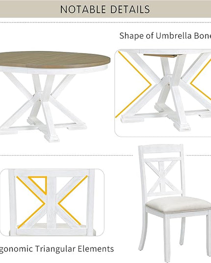 Merax 5-Piece Retro Functional Dining Set Extendable Round Table and 4 Upholstered Chairs, White - LeafyLoom