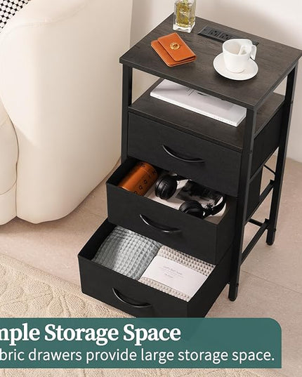 Yoobure Night Stand with Charging Station, 20 Colors LED Nightstand with USB Ports and Outlets, End Table with 3 Fabric Drawers and Storage Shelf, Bedside Tables Small Dresser for Small Space, Grey - LeafyLoom
