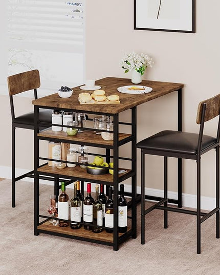 GAOMON Dining Table Set for 2, Kitchen Table and Chairs for 2 with Upholstered Chairs, 3 Piece Counter Height Bar Kitchen Table Set with 3 Storage Shelves for Small Space, Apartment, Rustic Brown - LeafyLoom