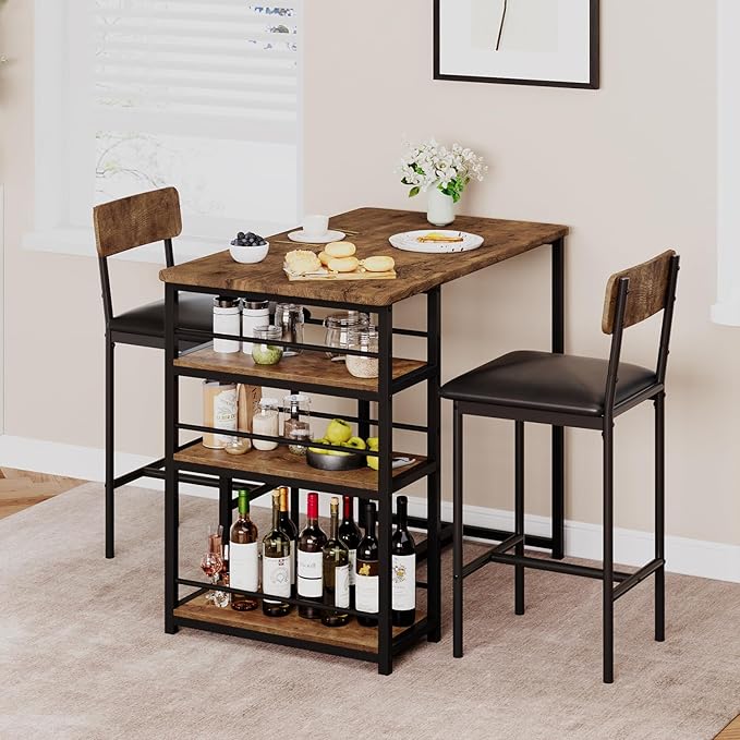 GAOMON Dining Table Set for 2, Kitchen Table and Chairs for 2 with Upholstered Chairs, 3 Piece Counter Height Bar Kitchen Table Set with 3 Storage Shelves for Small Space, Apartment, Rustic Brown - LeafyLoom