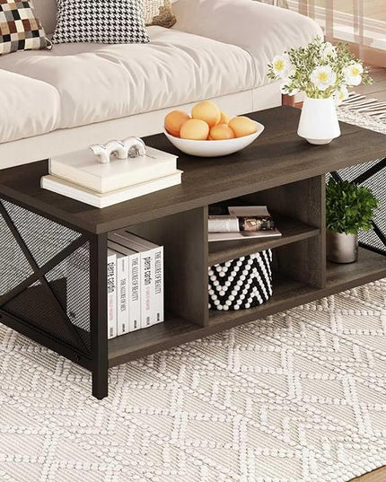 FATORRI Rustic Coffee Table for Living Room, Farmhouse Dark Wood Center Table, Industrial Rectangle Cocktail Tea Tables (Walnut Brown) - LeafyLoom