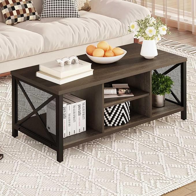 FATORRI Rustic Coffee Table for Living Room, Farmhouse Dark Wood Center Table, Industrial Rectangle Cocktail Tea Tables (Walnut Brown) - LeafyLoom