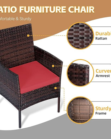 Patio Furniture Set 3 Pieces All-Weather Rattan Outdoor Furniture Patio Chairs with Tempered Glass Table for Porch Bistro Balcony Bistro Set(Brown/Red) - LeafyLoom