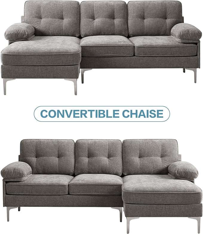 EASELAND 82" L-Shape Sofa with Reversible Chaise Lounge, Convertible Sectional Sofa Couch, Chenille Modern Sofa Couch for Living Room, Apartment and Office, Removable Cover (Grey) - LeafyLoom