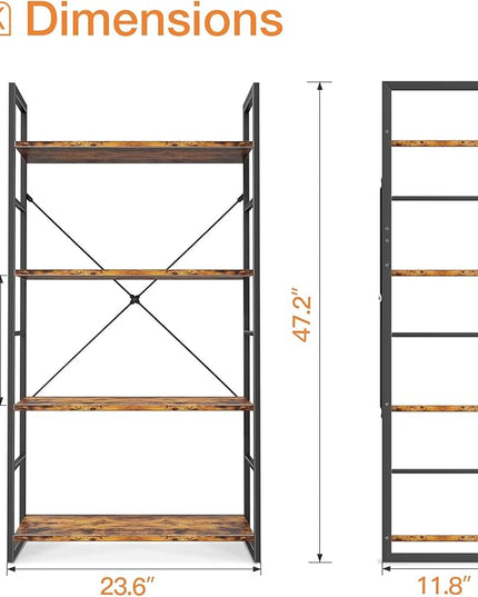 ODK Bookshelf, 4 Tier Shelf Storage Organizer, Modern Book Shelf with Metal Frame for Bedroom, Living Room and Home Office, Rustic Brown - LeafyLoom