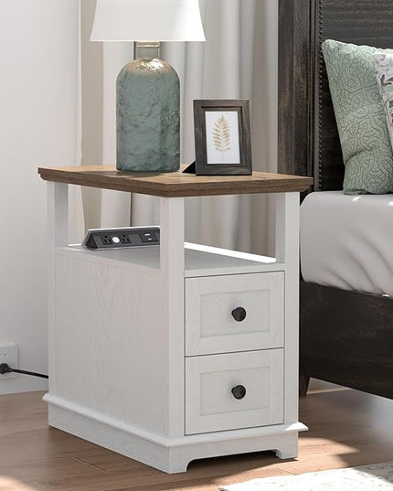 HIFYOBRO End Table with 2 Drawers, White Storage Side Table with Flip Top Fast Charging Station, Type-C & USB port & Power outlets, Wooden Storage Cabinet for Living Room and Bedroom - LeafyLoom