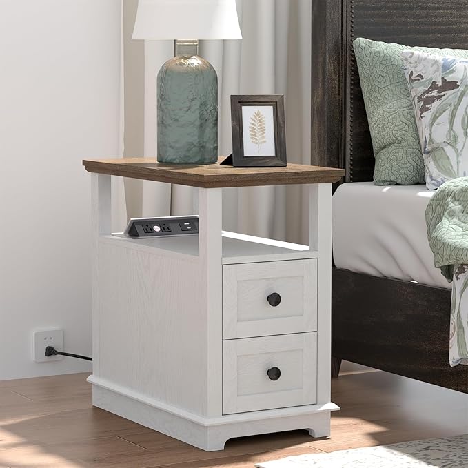 HIFYOBRO End Table with 2 Drawers, White Storage Side Table with Flip Top Fast Charging Station, Type-C & USB port & Power outlets, Wooden Storage Cabinet for Living Room and Bedroom - LeafyLoom