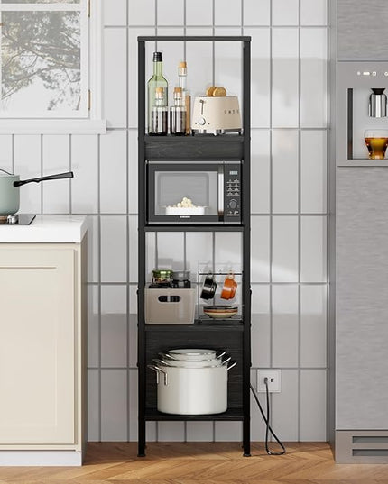 Furologee 5 Tier Book Shelf with LED Light, Tall Display Bookcase with Back, Narrow Industrial Standing Shelving Units, Metal and Wooden Storage Rack for Bedroom, Living Room, Office, Black Oak - LeafyLoom
