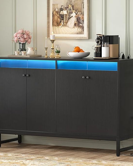 Aheaplus Sideboard Buffet Cabinet with Power Outlet, Kitchen Storage Cabinet with LED Light & Doors, Accent Cabinet Cupboard Buffet Table with Storage for Dining Room, Living Room, Hallway, Black - LeafyLoom