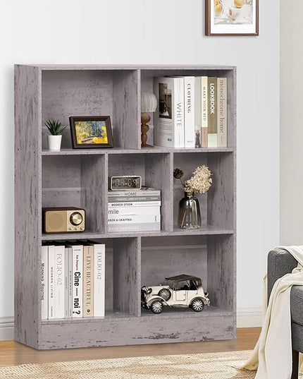LEYAOYAO 7 Cube Bookshelf with Base,3 Tier Mid-Century Modern Grey Bookcase,Standing Wide Bookshelves Storage Organizer Shelf,Rustic Wood Display Cabinet Book Shelves for Bedroom,Living Room,Office - LeafyLoom
