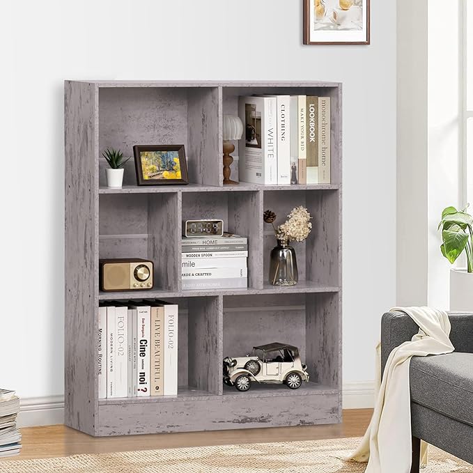 LEYAOYAO 7 Cube Bookshelf with Base,3 Tier Mid-Century Modern Grey Bookcase,Standing Wide Bookshelves Storage Organizer Shelf,Rustic Wood Display Cabinet Book Shelves for Bedroom,Living Room,Office - LeafyLoom