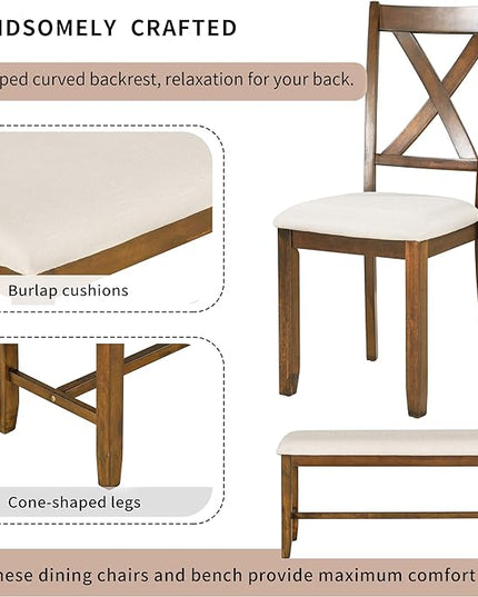 Dining Table Set for 6, Wood Rectangular Dining Table and 4 Fabric Chairs & Bench, 6-Piece Kitchen Table Set for Dining Room and Living Room, Natural Cherry - LeafyLoom