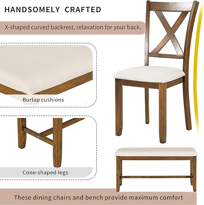 6-Piece Wooden Rectangular Dining Table Set with Bench and 4 Upholstered Chairs for Kitchen Living Room, Farmhouse Rustic Style, Natural Cherry, 60''L x 36''W x 30''H - LeafyLoom
