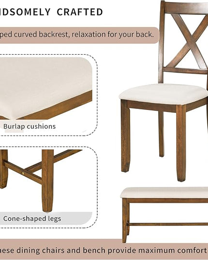 Wooden Rectangular, 4 Fabric Chairs, and Bench Family Furniture, for Playroom, Living Room, Home Bar, and Kitchen, Natural Cherry, 6 Piece Dining Table Set - LeafyLoom