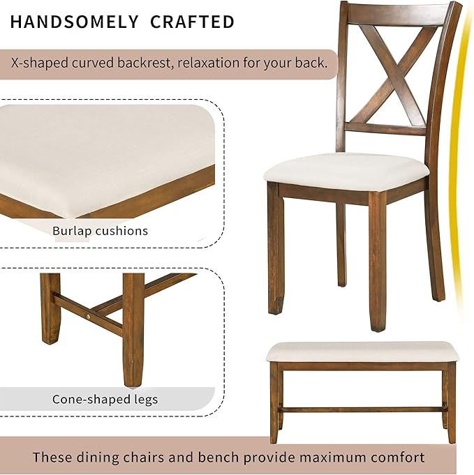 Wooden Rectangular, 4 Fabric Chairs, and Bench Family Furniture, for Playroom, Living Room, Home Bar, and Kitchen, Natural Cherry, 6 Piece Dining Table Set - LeafyLoom