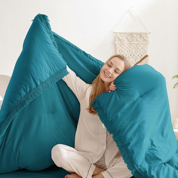 Andency Turquoise Comforter Twin Size, 2 Pieces Boho Teal Tassel Lightweight Bedding Comforter Sets for Twin Bed, Teal Blue All Season Soft Fluffy Fringe Bed Set (66x90In Comforter & 1 Pillowcase) - LeafyLoom