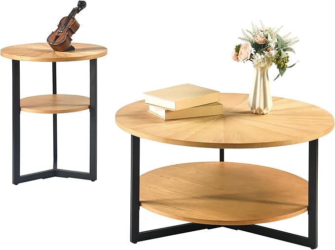MODERION 33.5" Round Coffee Table with 2-Tier Storage, Farmhouse Living Room Cocktail Table with Black Metal Leg, Solid Wood Industrial Sofa Center Table,Easy Assembly, Natural Wood KFZ1338OA - LeafyLoom