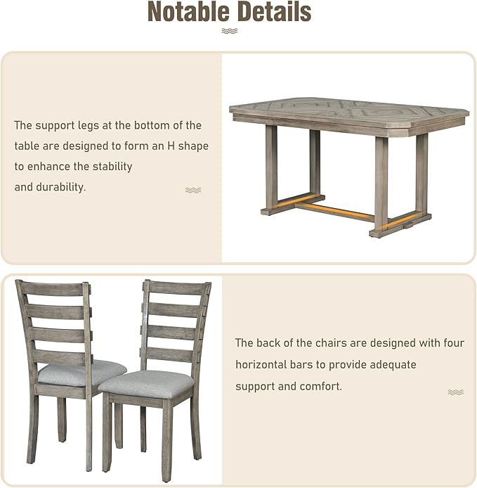 Merax 6-Piece Rubber Wood Dining Table Set with 4 Cushioned Chairs and Bench, Beautiful Grain Pattern Tabletop, Light Gray - LeafyLoom