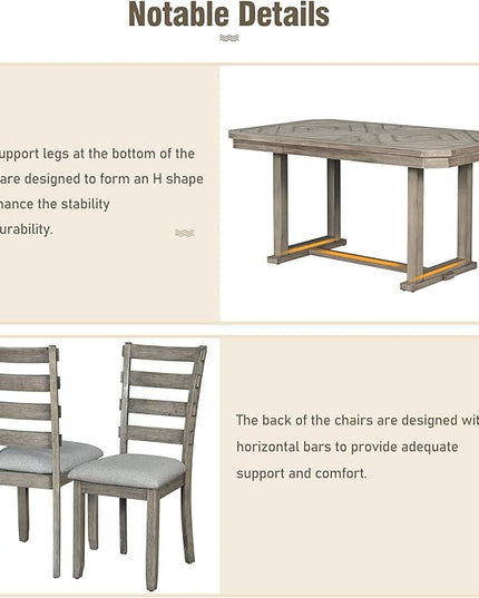 Dining Table Set for 6, 6-Piece Rubber Wood Dining Table Set with Beautiful Wood Grain Pattern Tabletop and Soft Cushion, Dining Room Table Set for Living Room, Kitchen, Antique Grey - LeafyLoom