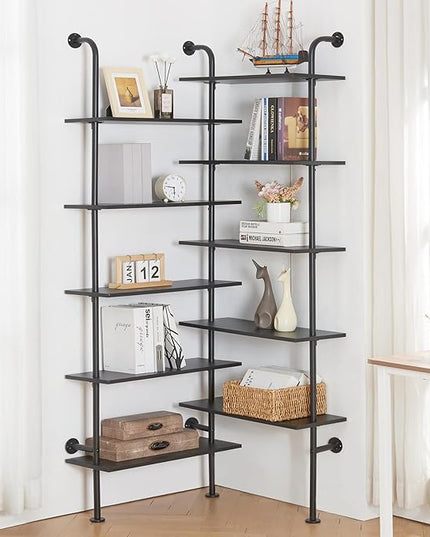 HOMBAZAAR Bookshelf,10-Tier L Shaped, Industrial Double Wide Wall Mount, Modern Bookcase with Metal Frame and Wood, Industrial Corner Pipe Shelf for Living Room and Office, Black - LeafyLoom