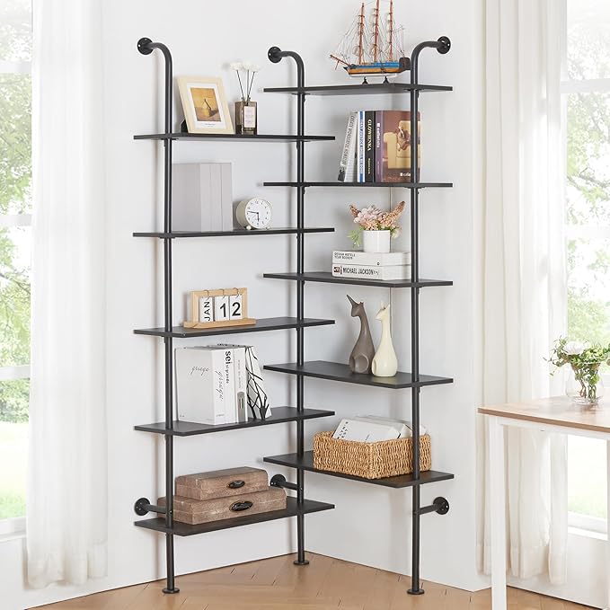 HOMBAZAAR Bookshelf,10-Tier L Shaped, Industrial Double Wide Wall Mount, Modern Bookcase with Metal Frame and Wood, Industrial Corner Pipe Shelf for Living Room and Office, Black - LeafyLoom