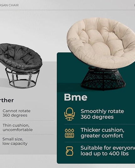 Bme 40" Ergonomic Wicker Papasan Chair with Soft Thick Density Fabric Cushion, High Capacity Steel Frame, 360 Degree Swivel for Living, Bedroom, Reading Room, Lounge, Sepia Sand - Black Base - LeafyLoom