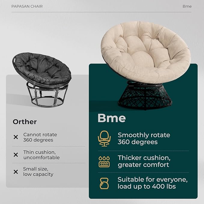Bme 40" Ergonomic Wicker Papasan Chair with Soft Thick Density Fabric Cushion, High Capacity Steel Frame, 360 Degree Swivel for Living, Bedroom, Reading Room, Lounge, Sepia Sand - Black Base - LeafyLoom