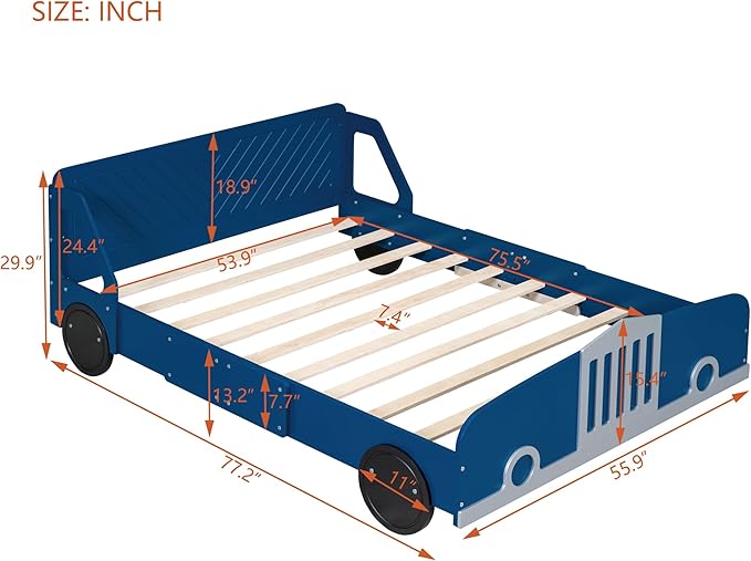 Full Size Car-Shaped Platform Bed with Wheels,Wood Bedframe W/Rails on Both Sides & Slat Support,No Box Spring Needed,Fun Play for Boys Kids Toddlers Child's Bedroom,Blue - LeafyLoom