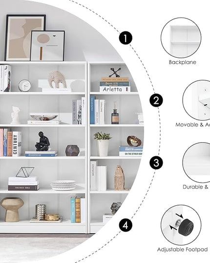 Farini White Bookshelf for Bedroom 5 Shelf Office Bookcase 60 Inches Tall Modern Wood Bookshelf for Living Room 5 Tier Wide Manga Bookshelf Library Bookcase - LeafyLoom