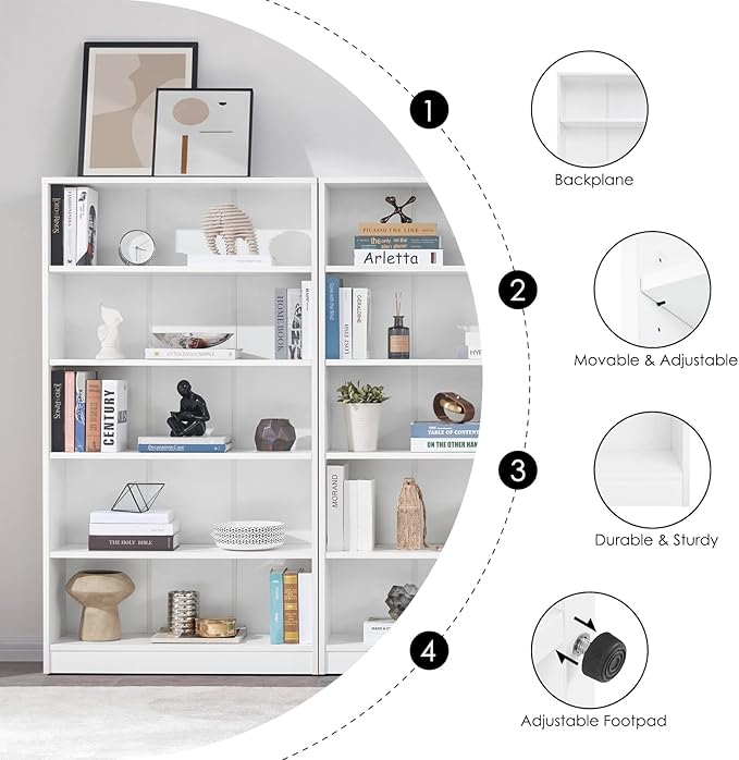 Farini White Bookshelf for Bedroom 5 Shelf Office Bookcase 60 Inches Tall Modern Wood Bookshelf for Living Room 5 Tier Wide Manga Bookshelf Library Bookcase - LeafyLoom