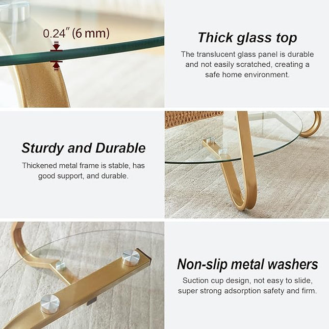 HOMBAZAAR Glass Coffee Table, Modern Coffee Table with Metal Frame and Tempered Glass Tabletop, 2-Tier Round Center Table for Living Room, Meeting Room, Gold - LeafyLoom