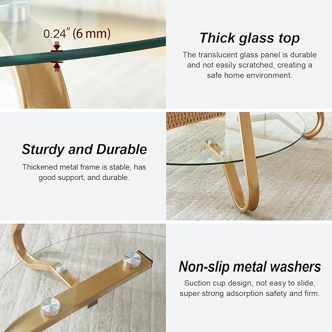 HOMBAZAAR Glass Coffee Table, Modern Coffee Table with Metal Frame and Tempered Glass Tabletop, 2-Tier Round Center Table for Living Room, Meeting Room, Gold - LeafyLoom