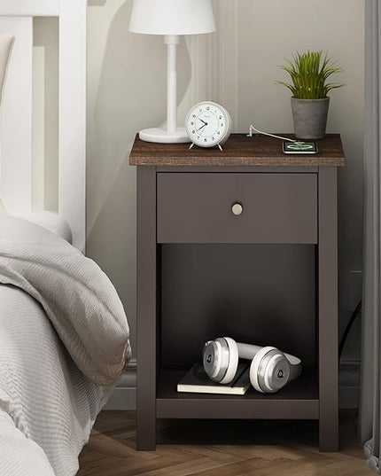 ChooChoo Nightstand with Charging Station, Wooden Top Bedside Table with Drawer and Storage Space for Bedroom, Espresso - LeafyLoom