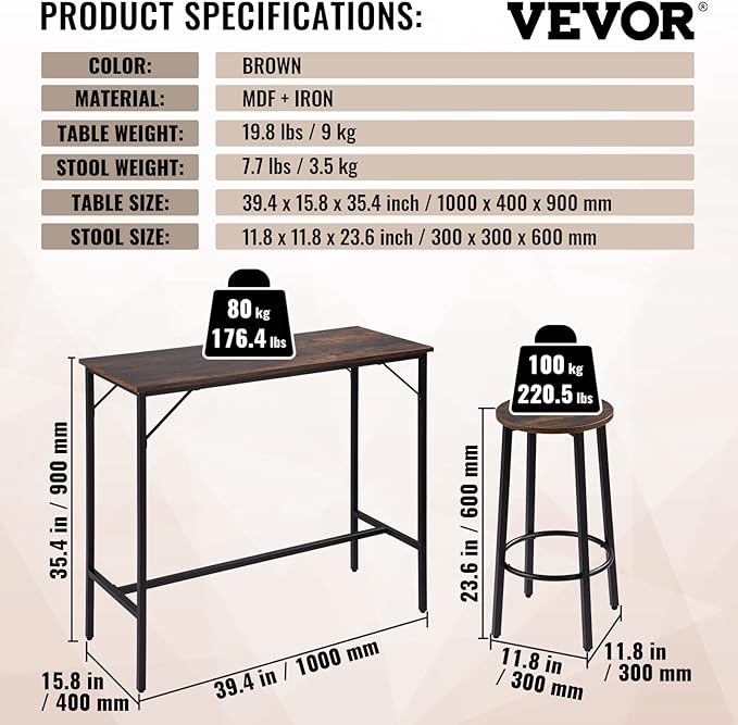 VEVOR Bar Table and Chairs Set 39" Pub Table Set with 2 Bar Stools Kitchen Dining Table and Chairs Set for 2 Iron Frame Counter Height Dining Sets for Home, Kitchen, Living Room - LeafyLoom