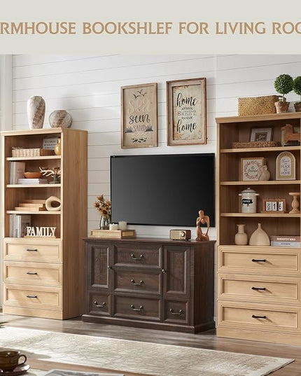 72" Tall Bookshlef with 3 Drawers, Farmhouse 4-Tier Bookcase with Adjustable Shlef, Wooden Storage Cabinet for Living Room, Kitchen, Home Office, Dining Room, Natural - LeafyLoom