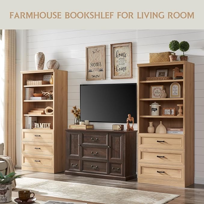 72" Tall Bookshlef with 3 Drawers, Farmhouse 4-Tier Bookcase with Adjustable Shlef, Wooden Storage Cabinet for Living Room, Kitchen, Home Office, Dining Room, Natural - LeafyLoom