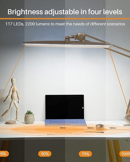 Task Lamp with Clamp, Bright 117PCS LEDs, Metal Swing Arm 24W 2200 Lumen Dimmable Led Desk Lamp for Architect Home Office Study Reading Dorm Workbench Craft, 23 Inch Lamp Head Work Lamp - LeafyLoom