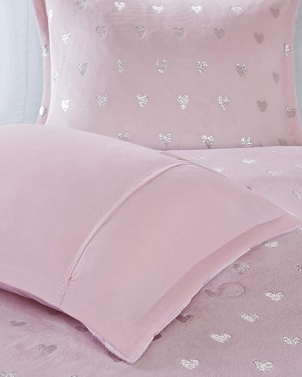 Mi Zone Rosalie Comforter Set for Girls, Ultra-Soft Microlight Plush Metallic Printed Hearts Brushed Reverse Overfilled Down Alternative Hypoallergenic All Season, Twin/Twin XL, Pink/Silver, 3 Piece - LeafyLoom