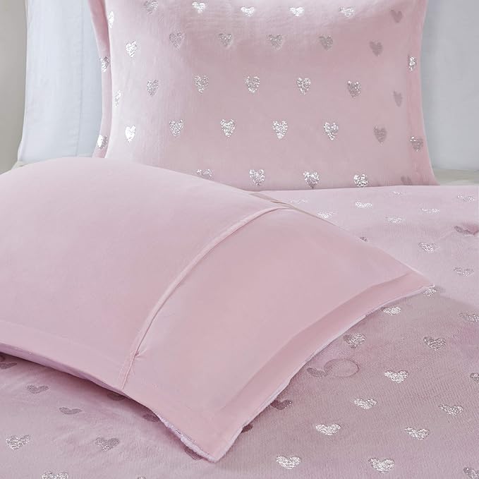 Mi Zone Rosalie Comforter Set for Girls, Ultra-Soft Microlight Plush Metallic Printed Hearts Brushed Reverse Overfilled Down Alternative Hypoallergenic All Season, Twin/Twin XL, Pink/Silver, 3 Piece - LeafyLoom