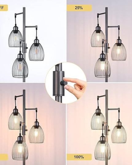 Dimmable Industrial Floor Lamps for Living Room, Gray Tree Standing Tall Lamps with 3 Elegant Teardrop Cage Head & 800 Lumens LED Bulbs for Bedroom Office - LeafyLoom