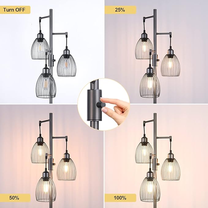 Dimmable Industrial Floor Lamps for Living Room, Gray Tree Standing Tall Lamps with 3 Elegant Teardrop Cage Head & 800 Lumens LED Bulbs for Bedroom Office - LeafyLoom