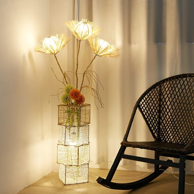 Modern Decorative Rattan Floor Lamp: Pastoral Hand-Woven Flower Night Light - Creative Standing Smart Corner Lamp for Reading Living Room Bedroom Tea Room Club Office Sofa Side - LeafyLoom