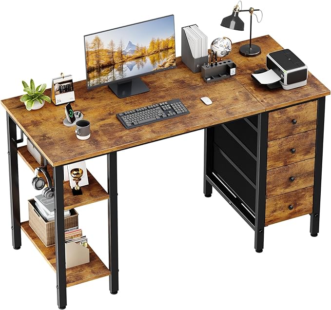 Lufeiya 47 inch Computer Desk with 4 Drawers & Storage Shelves, Writing Work Study Desk for Home Office Bedroom, Modern Simple Student PC Desks Table, Rustic Brown - LeafyLoom
