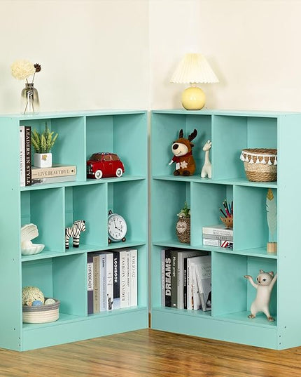 LEYAOYAO 7 Cube Bookshelf with Base,3 Tier Modern Mint-Green Kids Bookcase,Standing Wide Bookshelves Storage Organizer Toy Shelf,Wood Display Children's Book Shelves for Bedroom,Living Room,Nursery - LeafyLoom