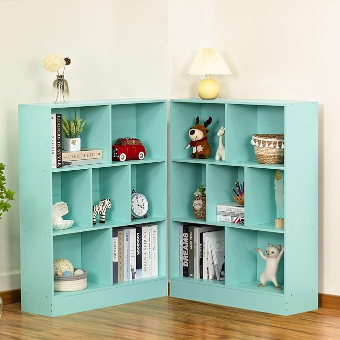 LEYAOYAO 7 Cube Bookshelf with Base,3 Tier Modern Mint-Green Kids Bookcase,Standing Wide Bookshelves Storage Organizer Toy Shelf,Wood Display Children's Book Shelves for Bedroom,Living Room,Nursery - LeafyLoom