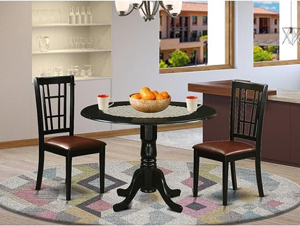 East West Furniture DLNI3-BLK-LC 3 Piece Set for Small Spaces Contains a Round Dining Room Table with Dropleaf and 2 Faux Leather Upholstered Chairs, 42x42 Inch - LeafyLoom
