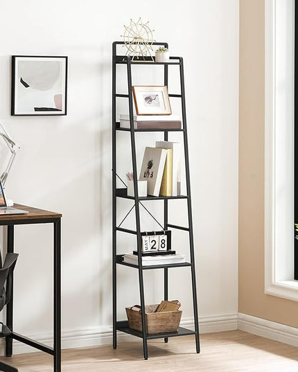 HOOBRO Bookcase, 5-Tier Narrow Bookshelf, Industrial Ladder Shelf, Skinny Bookshelf for Small Spaces, Corner Storage Shelf for Home Office, Living Room, Black BB35SJ01 - LeafyLoom