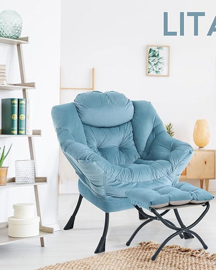 LITA Lazy Chair with Ottoman, Modern Accent Leisure Upholstered Sofa Chair, Contemporary Lounge Reading Chair with Armrests and a Side Pocket for Living Room, Bedroom & Small Space, Light Blue - LeafyLoom